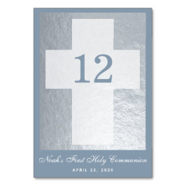 Tarjeta De Mesa Primer niño de la cruz de la comunión con polvo az