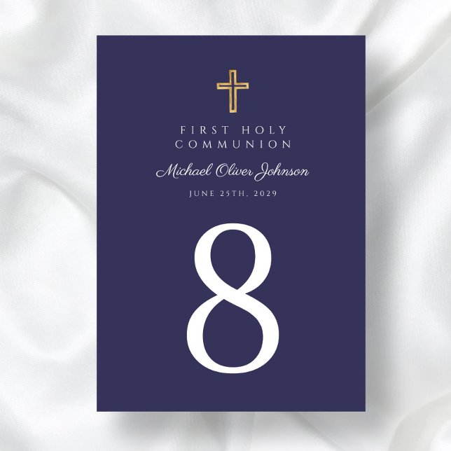 Tarjeta De Mesa Primera comunión del niño azul de la cruz religios (Religious Cross Navy Blue Boy First Communion Table Number)
