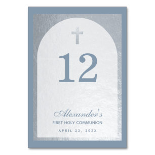 Tarjeta De Mesa Primera Comunión Niño Polvo Azul Cruz Plateada Fal
