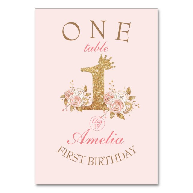 Tarjeta De Mesa Princesa de las Flores Rosa Doradas Primer Fiesta  (Anverso)