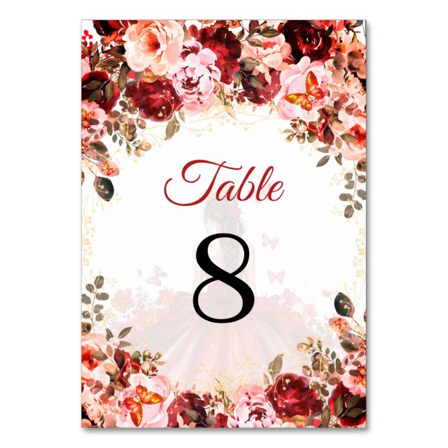 Tarjeta De Mesa Princesa de oro escarlata encantada Quinceañera (Reverso)