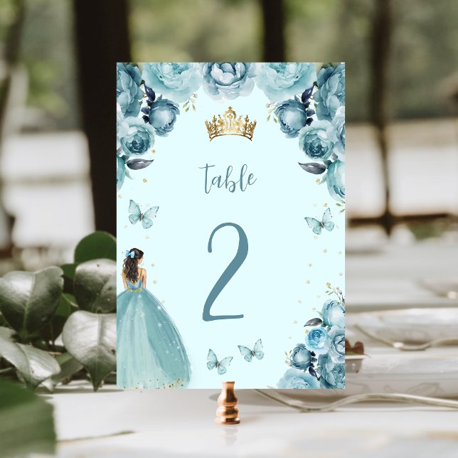 Tarjeta De Mesa Princesa Floral de oro turquesa Quinceañera (Subido por el creador)