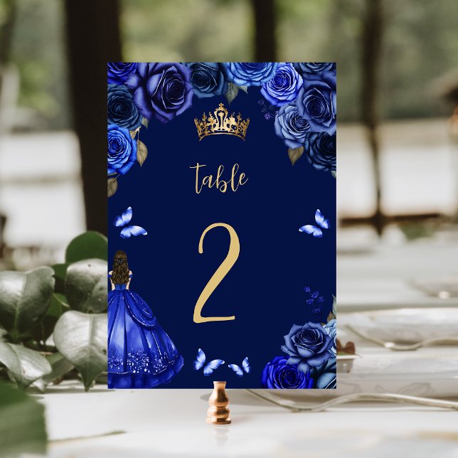 Tarjeta De Mesa Princesa Floral Dorada Azul Oscura Quinceañera (Subido por el creador)