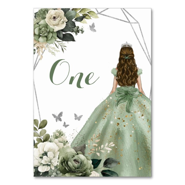 Tarjeta De Mesa Princesa Floral Geométrica Verde Sage XV Años (Anverso)