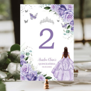 Tarjeta De Mesa Princesa Floral Púrpura Quinceañera XV 16 Plata
