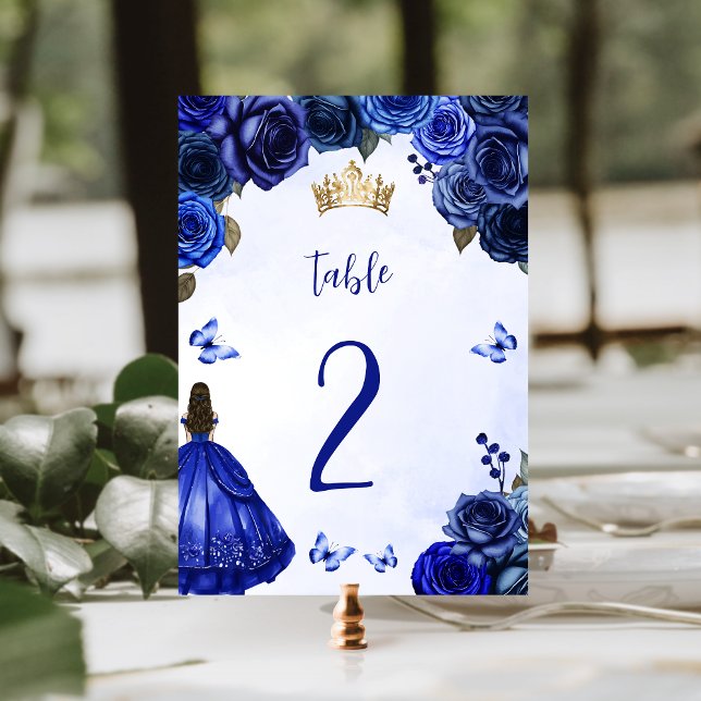 Tarjeta De Mesa Princesa Floral Real de Oro Azul Quinceañera (Subido por el creador)