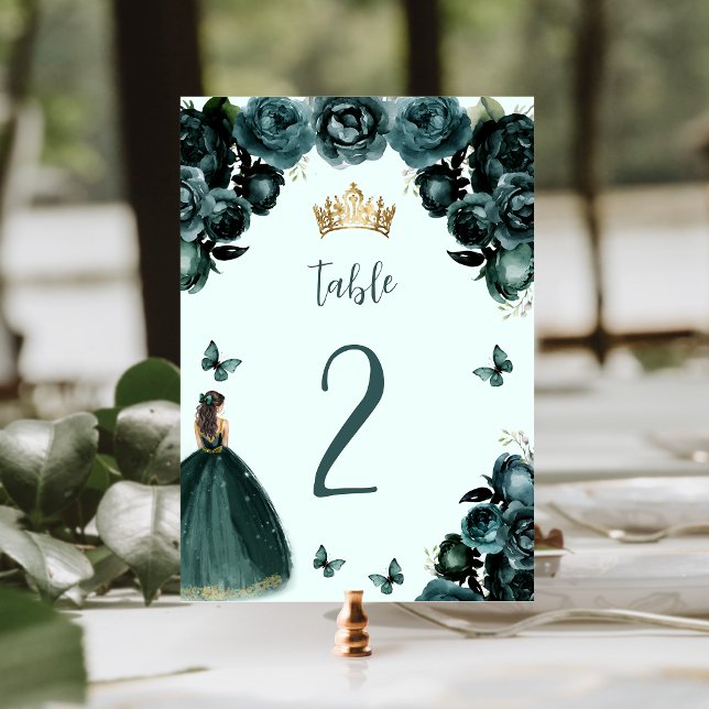 Tarjeta De Mesa Princesa floral verde esmeralda Quinceañera (Subido por el creador)