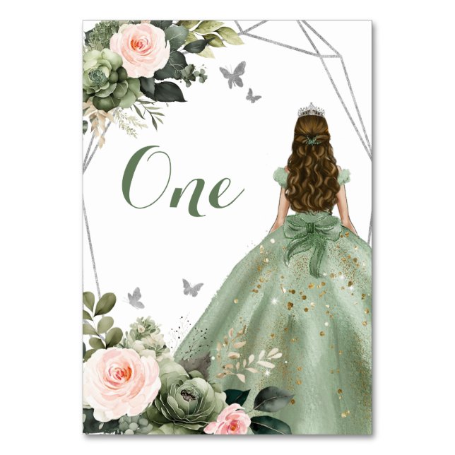 Tarjeta De Mesa Princess Sage Green Floral Rubor Pink 15 Años (Anverso)