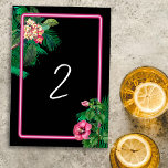Tarjeta De Mesa Programa Neon Pink Tropical Retro Wedding<br><div class="desc">Una moderna pero retro temática neón rosado botánico sobre fondo negro. Un bonito diseño boda ideal para el verano. Diseño perfecto de plantas tropicales de neón rosa con palmeras, flores rosadas de Hibiscus y flores Plumerias Frangipanis. Los colores negro, rosa y verde dominan este diseño de neón rosa tropical. La...</div>