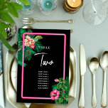Tarjeta De Mesa Programa Neon Pink Tropical Retro Wedding<br><div class="desc">Una moderna pero retro temática neón rosado botánico sobre fondo negro. Un bonito diseño boda ideal para el verano. Diseño perfecto de plantas tropicales de neón rosa con palmeras, flores rosadas de Hibiscus y flores Plumerias Frangipanis. Los colores negro, rosa y verde dominan este diseño de neón rosa tropical. La...</div>