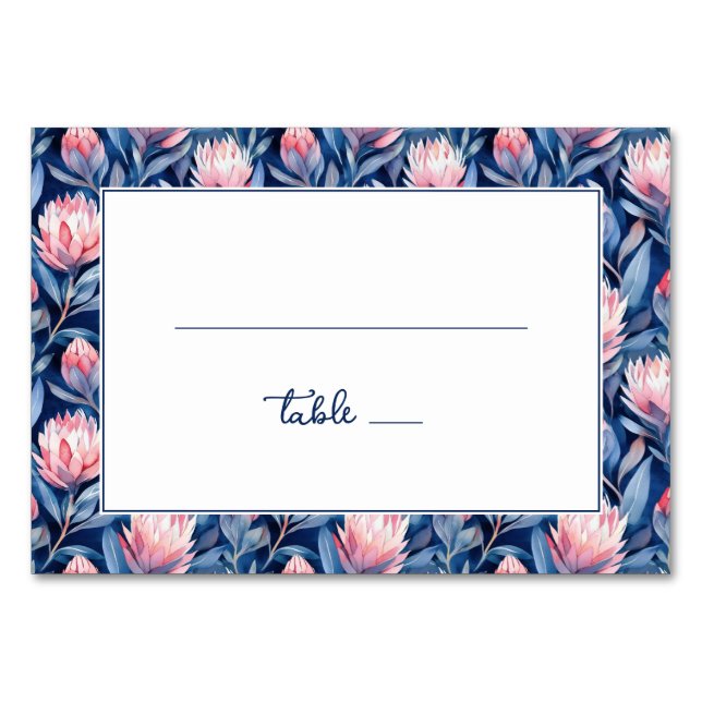 Tarjeta De Mesa Protea floral naval sofisticada (Anverso)