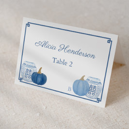 Tarjeta De Mesa Pumpkins Chinoiserie Blue Boda White Place Card