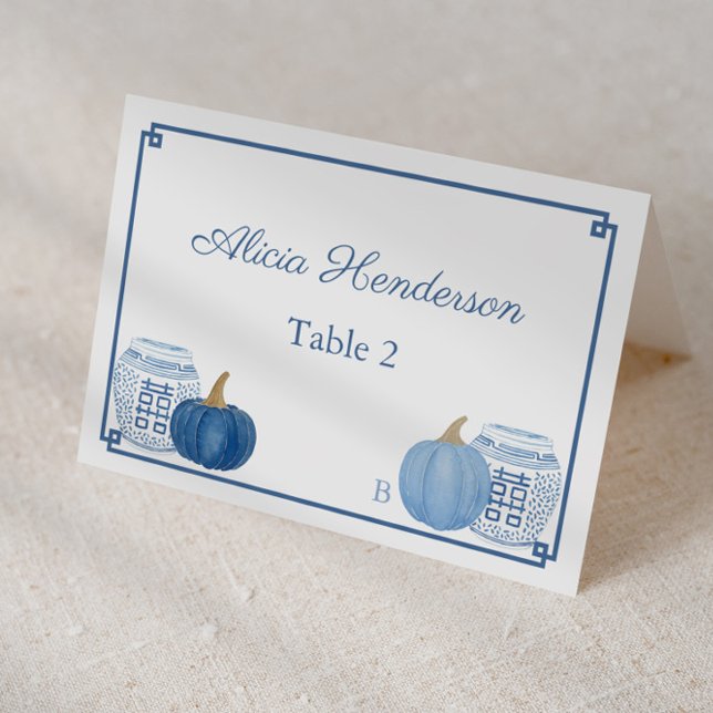 Tarjeta De Mesa Pumpkins Chinoiserie Blue Boda White Place Card (Individual place card design featuring blue pumpkins, ginger jars and navy blue and white Greek Key)