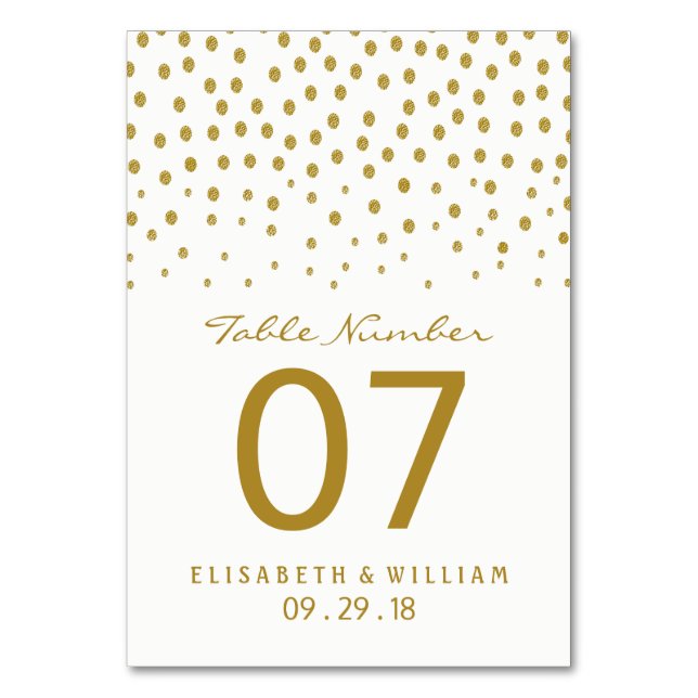 Tarjeta De Mesa Punto de Polka Oro - Blanco y Oro - Boda (Anverso)