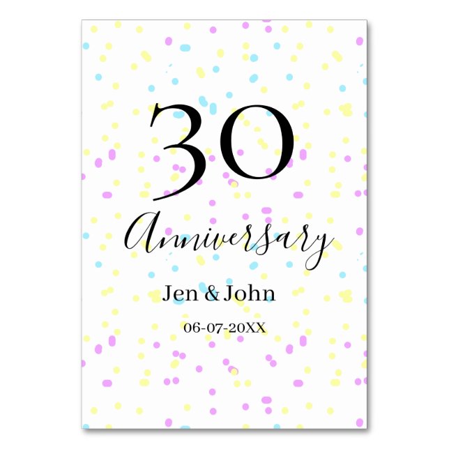 Tarjeta De Mesa Puntos azules rosados amarillos nombre 30 aniversa (Anverso)