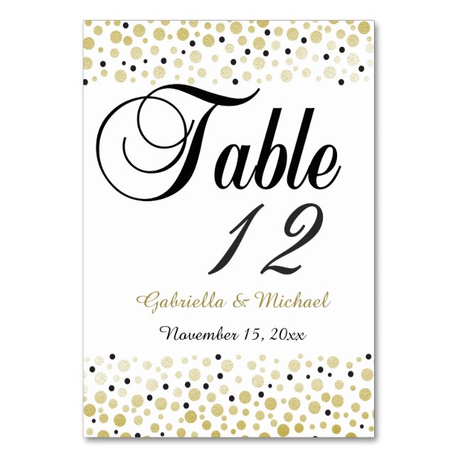 Tarjeta De Mesa Puntos de Confetti Negro de Oro (Anverso)