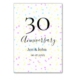 Tarjeta De Mesa Puntos polka azules rosados amarillos nombre del 3