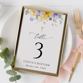Tarjeta De Mesa Purple and Yellow Flowers, Baptism Table Numbers