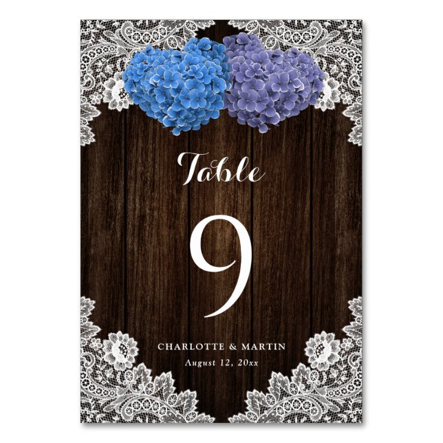 Tarjeta De Mesa Purple Blue Floral Lace Rustic Wood (Anverso)