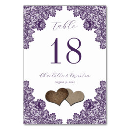 Tarjeta De Mesa Purple Floral Lace Burlap Hearts Rustic