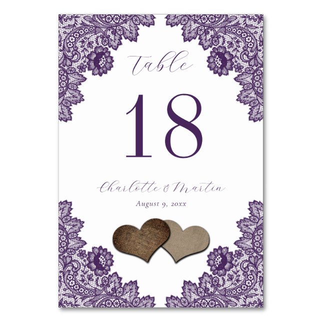 Tarjeta De Mesa Purple Floral Lace Burlap Hearts Rustic (Anverso)