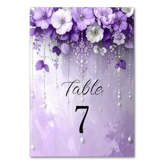 Tarjeta De Mesa Purple Flowers with Dangling Pearls Table Number (Anverso)
