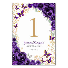 Tarjeta De Mesa Purple Gold Floral Quinceanera