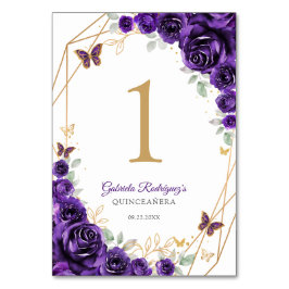 Tarjeta De Mesa Purple Gold Floral Quinceanera