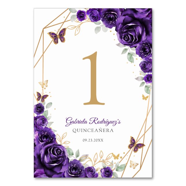 Tarjeta De Mesa Purple Gold Floral Quinceanera (Anverso)