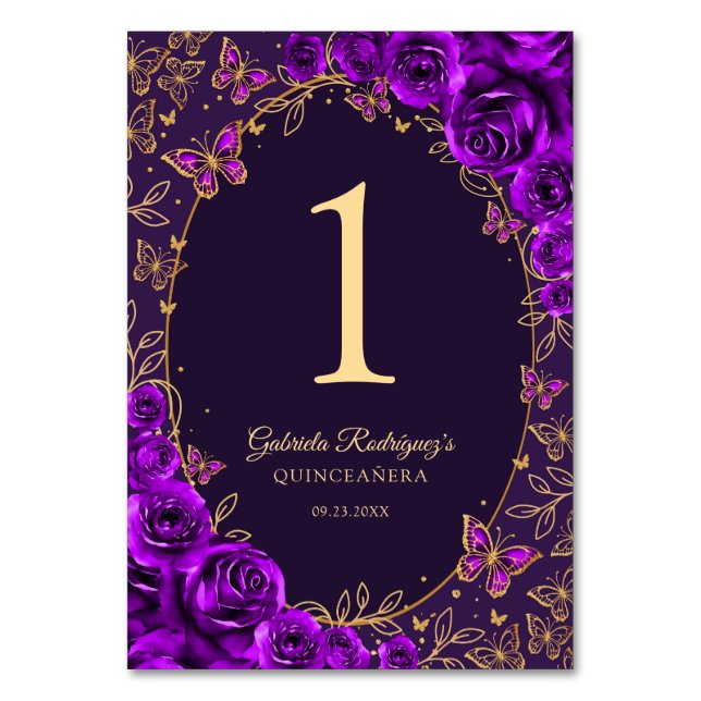 Tarjeta De Mesa Purple Gold Quinceanera (Anverso)