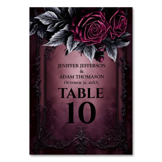 Tarjeta De Mesa Purple Gothic Halloween Alternative Wedding (Anverso)