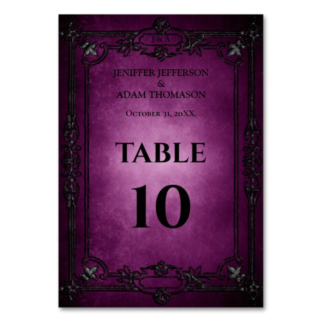 Tarjeta De Mesa Purple Gothic Halloween Alternative Wedding (Anverso)