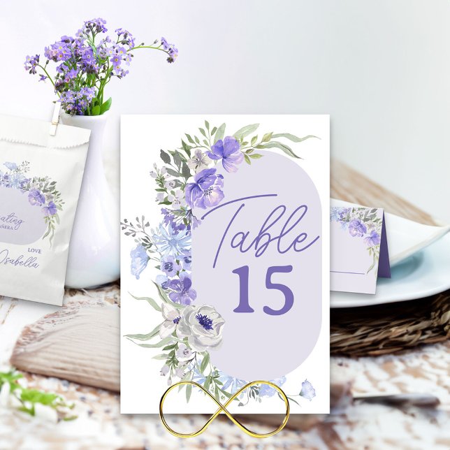 Tarjeta De Mesa Purple Lavender Peri Floral Editable (Table Number set in modern oval framed with purple lavender blue flowers)