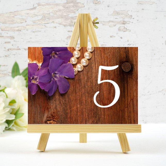 Tarjeta De Mesa Purple Periwinkle Pearls Barn Wood Country Wedding (Subido por el creador)