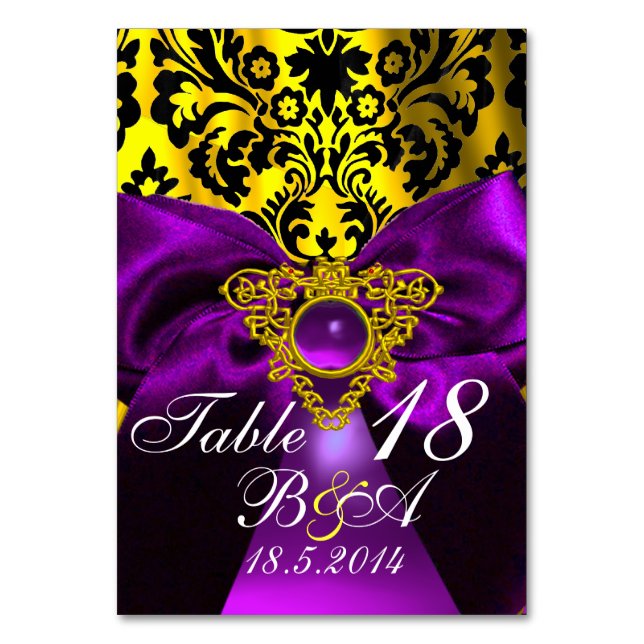 TARJETA DE MESA PURPLE RIBBON GOLD CELTIC HEART DAMASK MONOGRAM (Anverso)