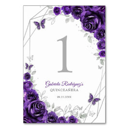 Tarjeta De Mesa Purple Silver Floral Quinceanera