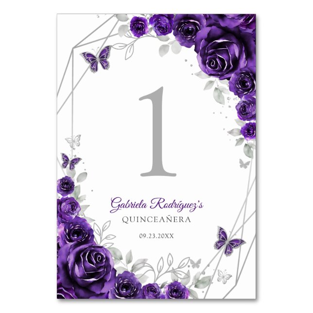 Tarjeta De Mesa Purple Silver Floral Quinceanera (Anverso)