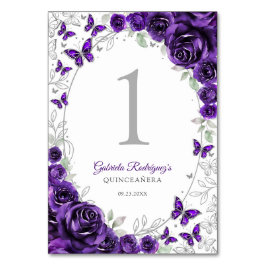 Tarjeta De Mesa Purple Silver Floral Quinceanera