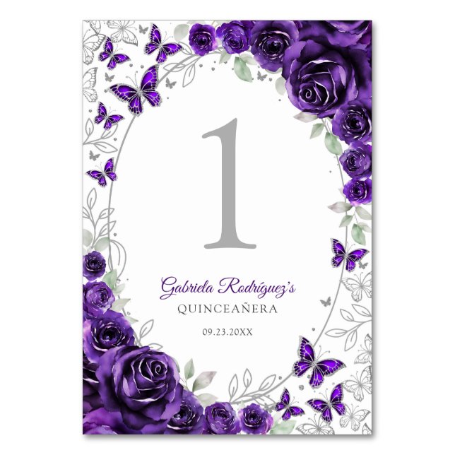 Tarjeta De Mesa Purple Silver Floral Quinceanera (Anverso)