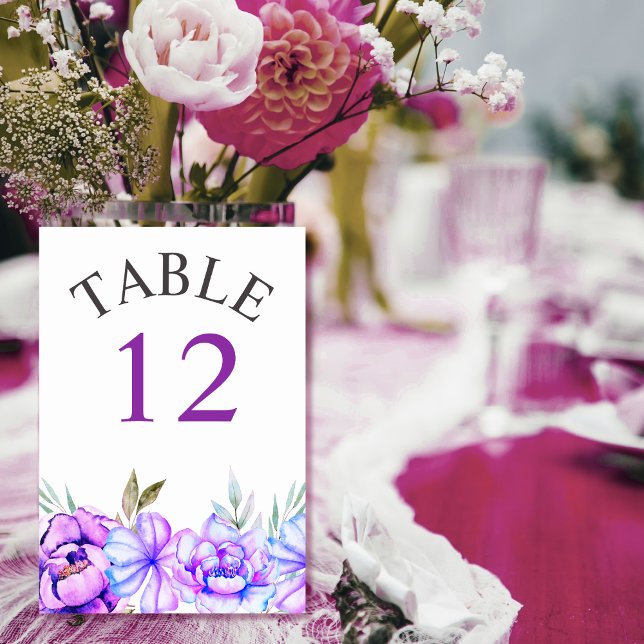 Tarjeta De Mesa Púrpura, azul acuarela flores boda floral (Subido por el creador)