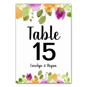 Tarjeta De Mesa Púrpura Blooms Acuarela Floral Número de tabla