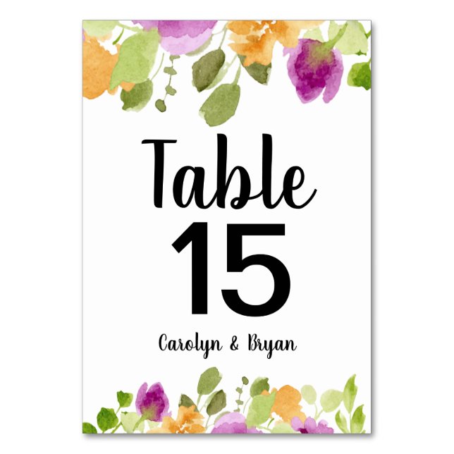 Tarjeta De Mesa Púrpura Blooms Acuarela Floral Número de tabla (Anverso)