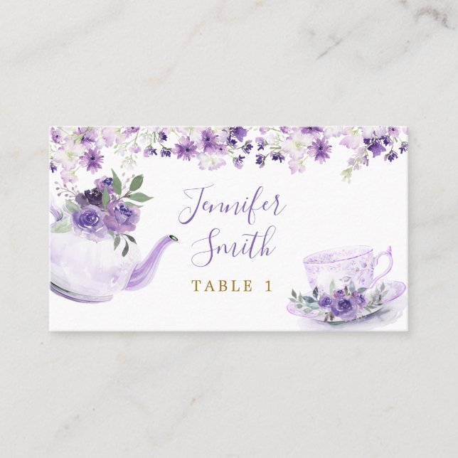 Tarjeta De Mesa Púrpura Floral Bridal Shower Tea Fiesta Place Card (Anverso)