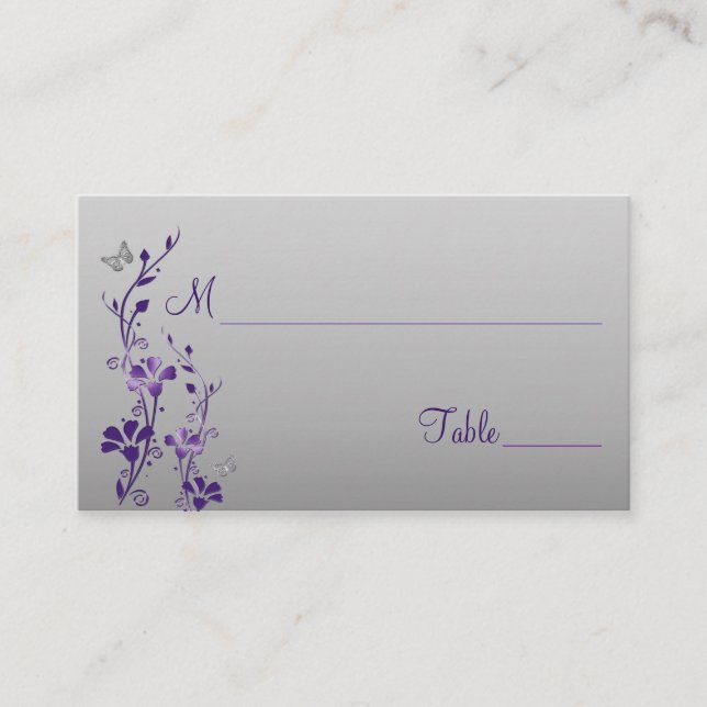 Tarjeta De Mesa Púrpura, floral plateada con mariposas colocando t (Anverso)