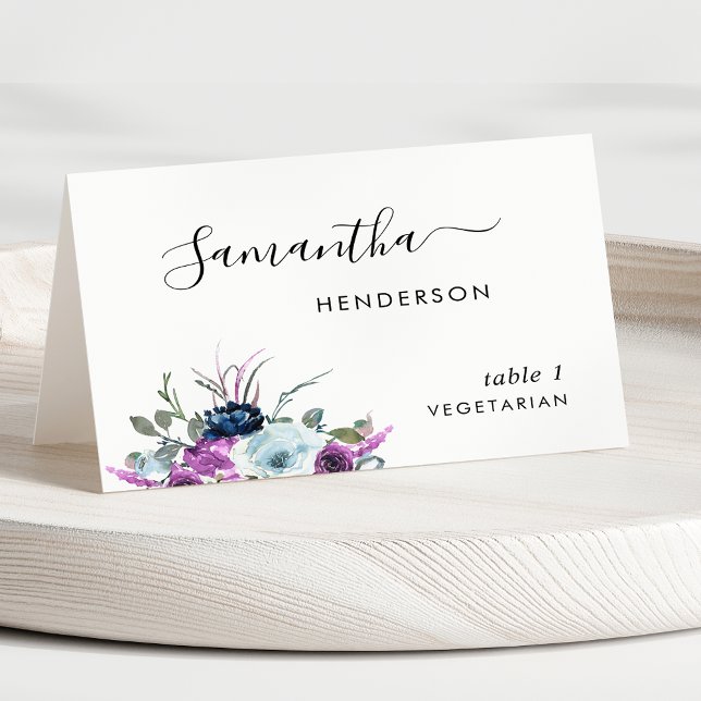 Tarjeta De Mesa Púrpura Floral, Script Custom Wedding Place Cards (Subido por el creador)