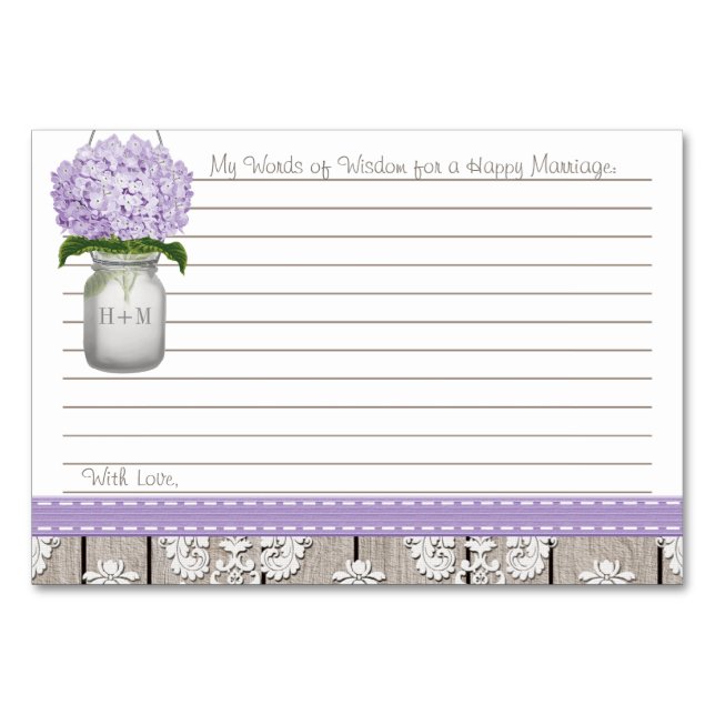 Tarjeta De Mesa Púrpura Hydrangea Mason Jar Palabras de Consejos (Anverso)