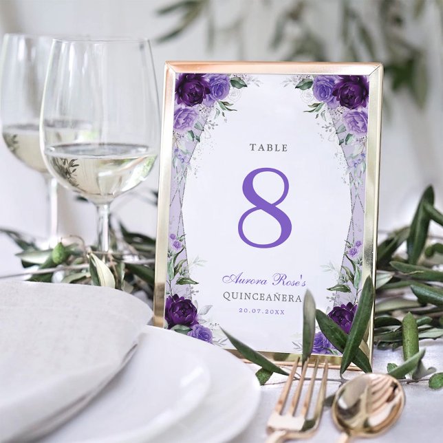 Tarjeta De Mesa Púrpura Plata Lilac Quinceanera Aniversario Floral (Subido por el creador)