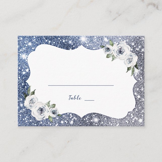 Tarjeta De Mesa Purpurina azul de plata espumosa y Boda floral (Anverso)