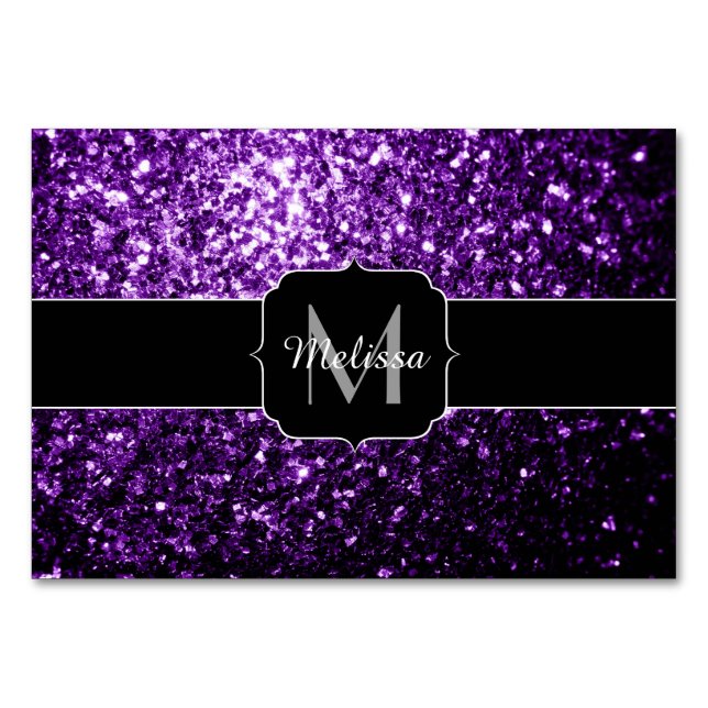 Tarjeta De Mesa Purpurina brillante oscuro morado chispas Monogram (Anverso)