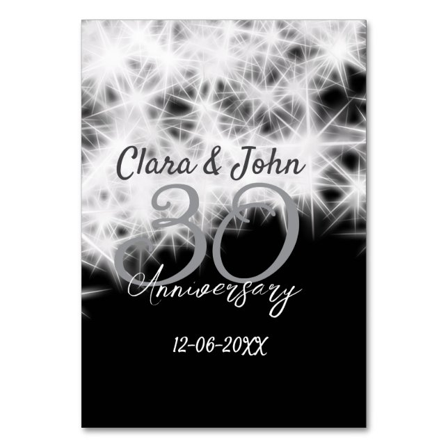 Tarjeta De Mesa Purpurina de aniversario de 30 bodas gris plateado (Anverso)